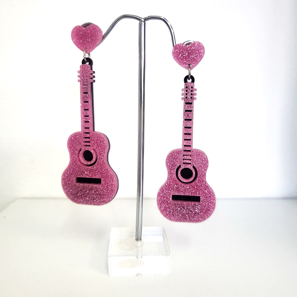 Glitter Guitar Earrings Pink