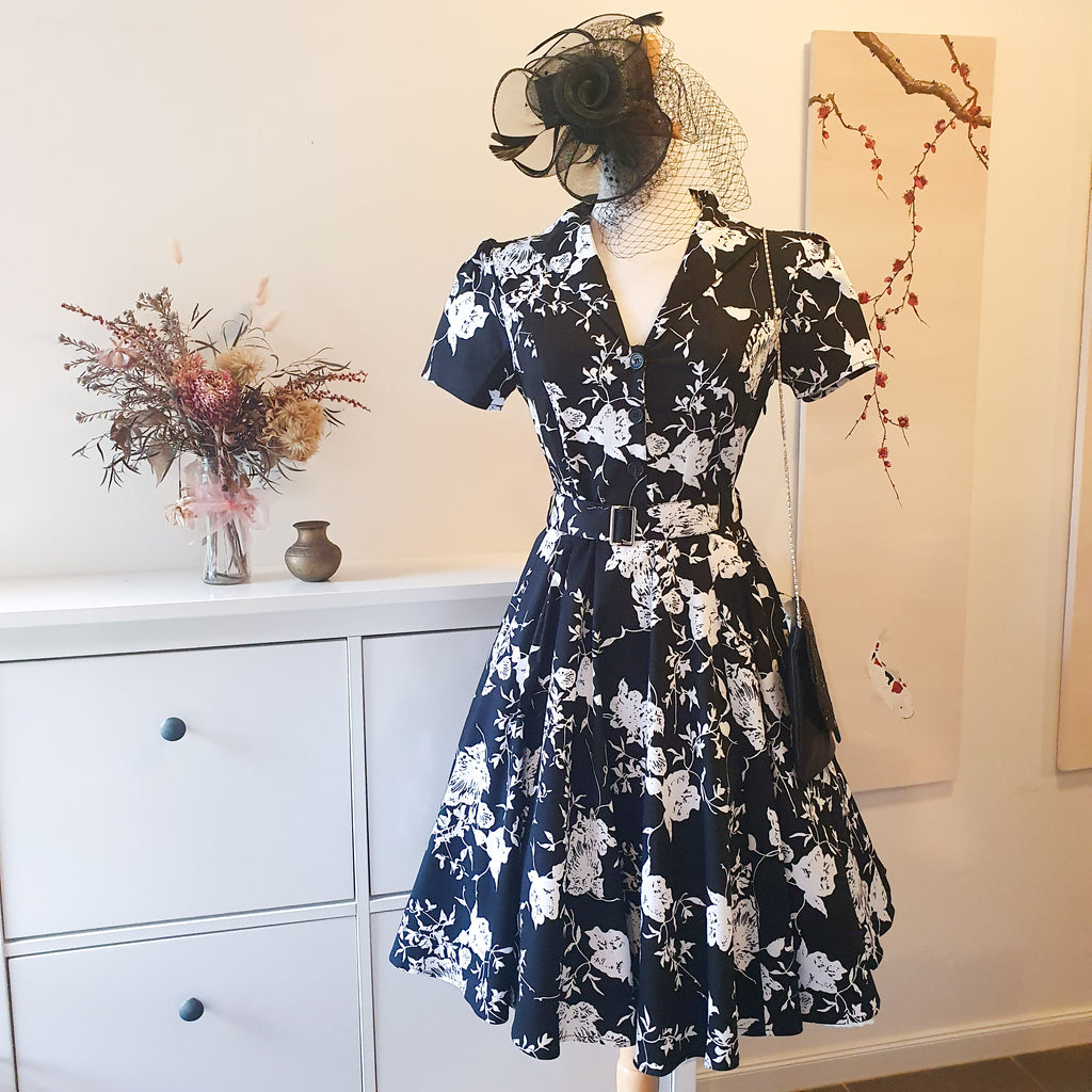 Maggie 1950s shirt-waist Dress Black Floral