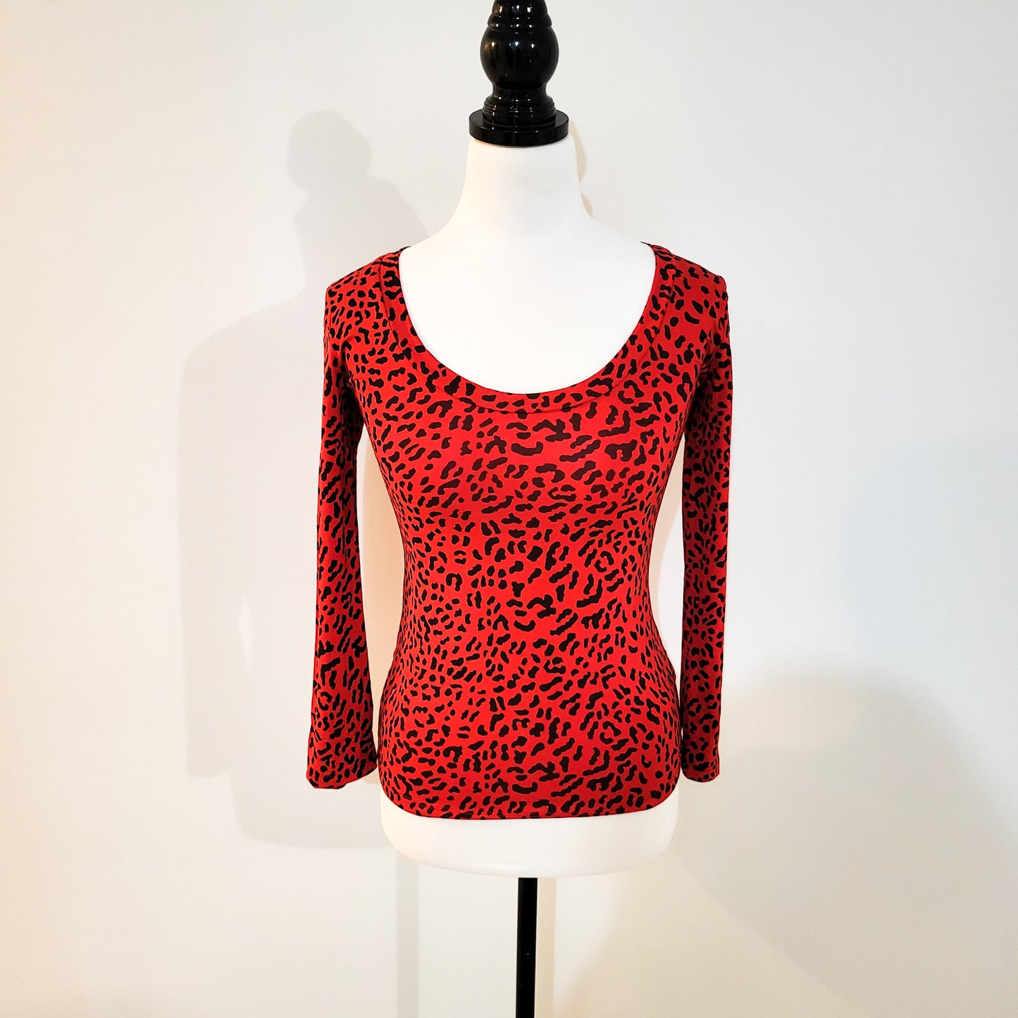 Red Leopard Scoop Neck Top Long Sleeve